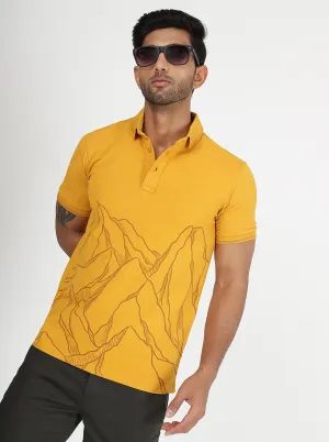 Mustard Yellow Printed Slim Fit Polo T-Shirt | JadeBlue