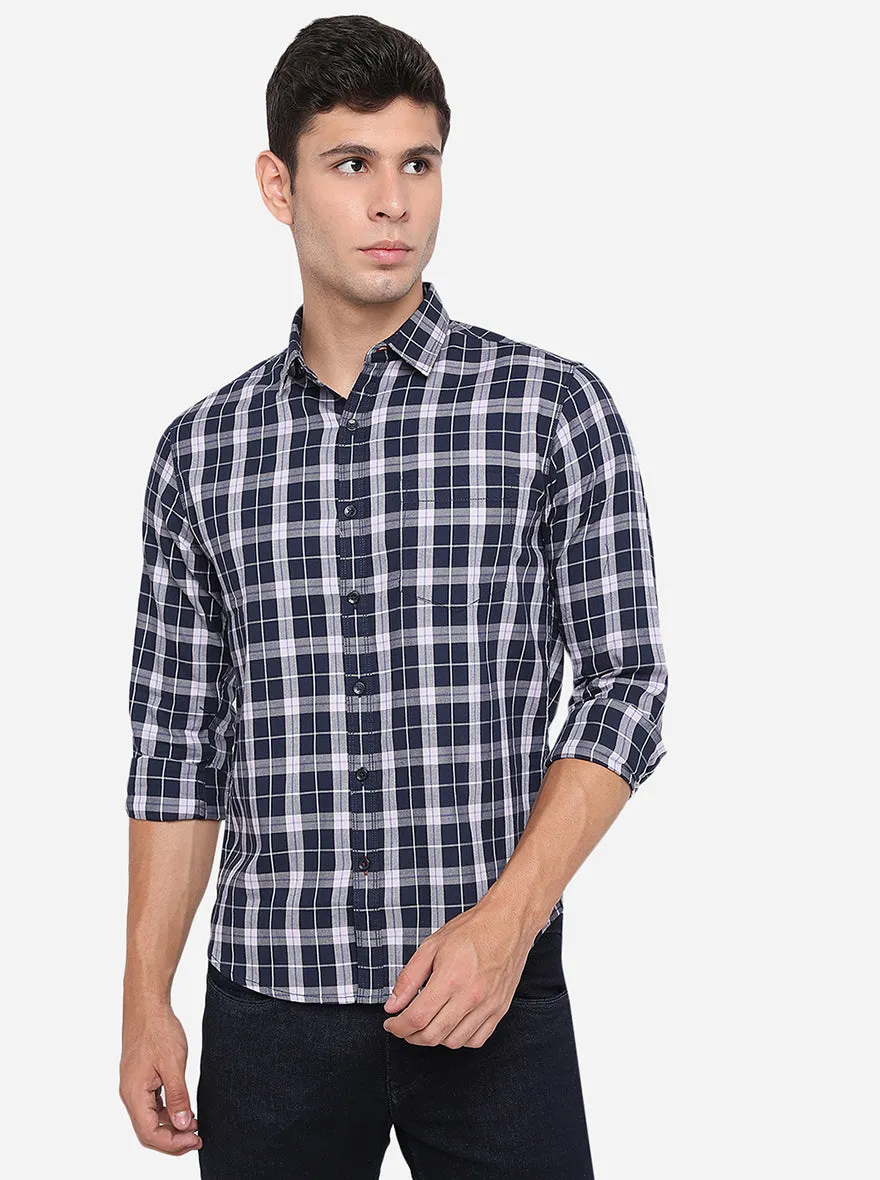 Night Blue Checked Slim Fit Semi Casual Shirt | Greenfibre