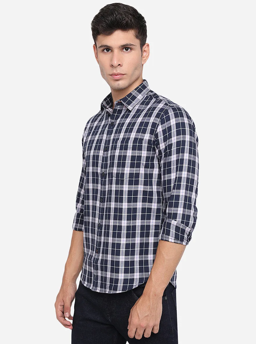 Night Blue Checked Slim Fit Semi Casual Shirt | Greenfibre