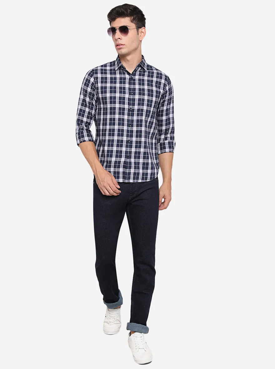 Night Blue Checked Slim Fit Semi Casual Shirt | Greenfibre