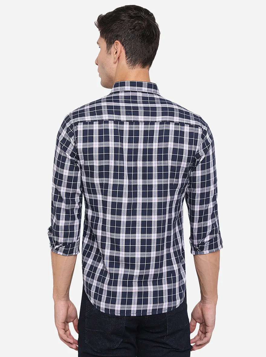 Night Blue Checked Slim Fit Semi Casual Shirt | Greenfibre