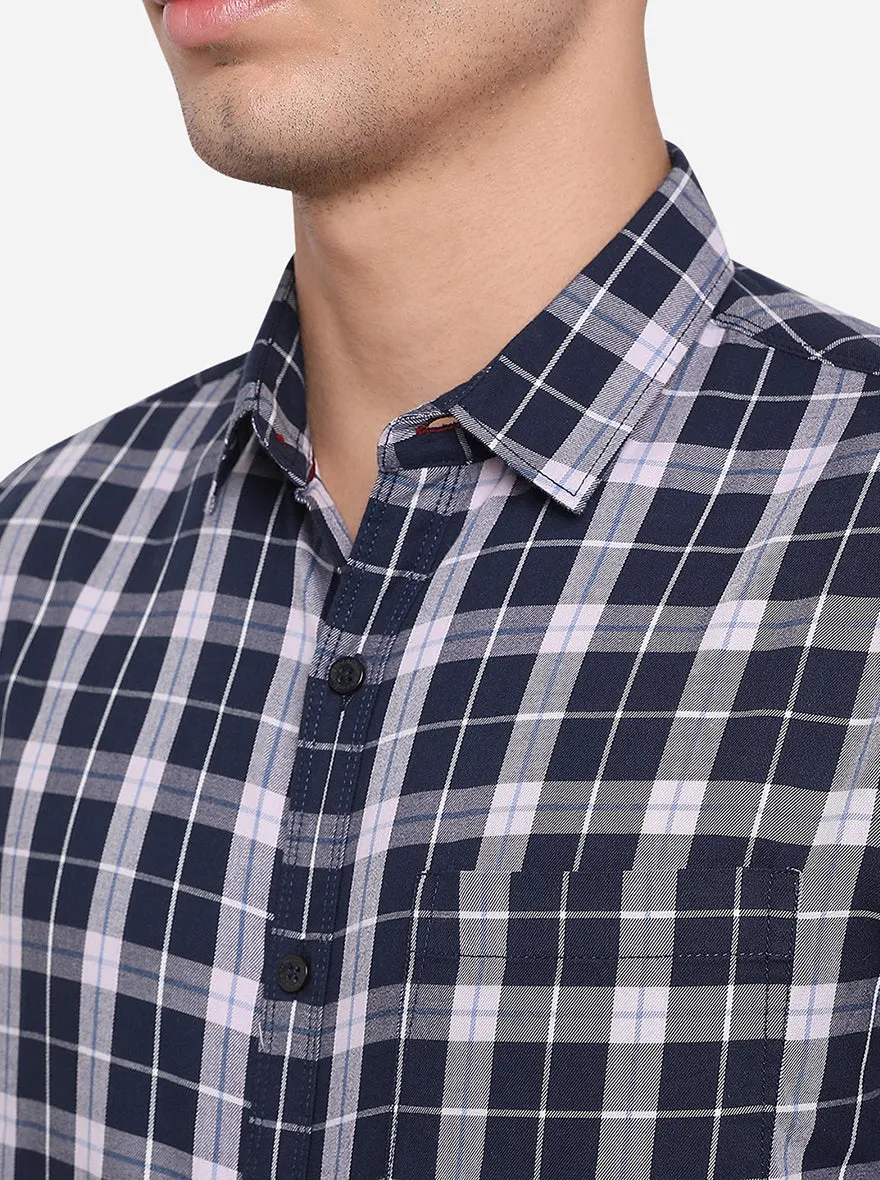 Night Blue Checked Slim Fit Semi Casual Shirt | Greenfibre