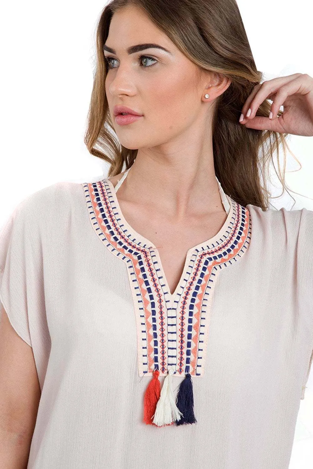 Nude Pink Embroidered Tassel Split Kaftan Top