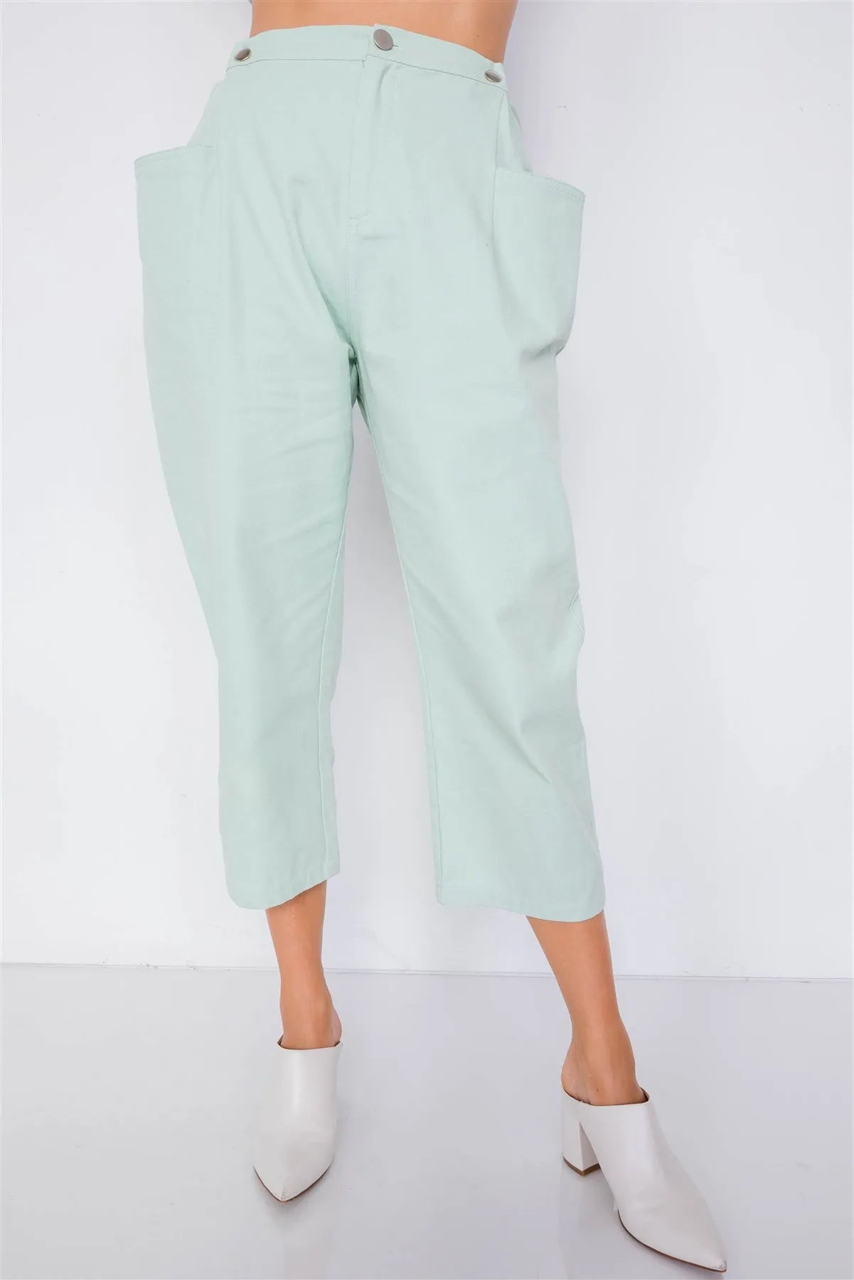 Pastel Chic Solid Ankle Wide Leg Adjustable Snap Waist Pants