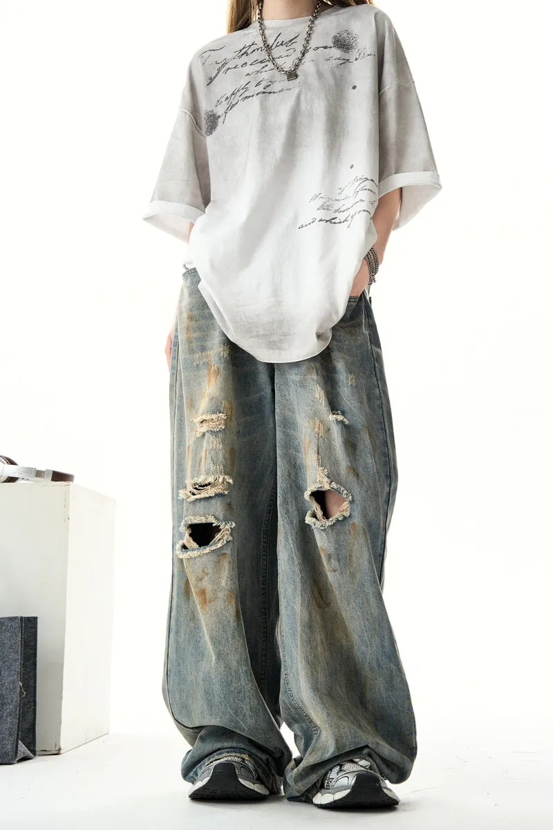 Retro Ripped Wide-Leg Jeans Loose Straight-Leg Pants