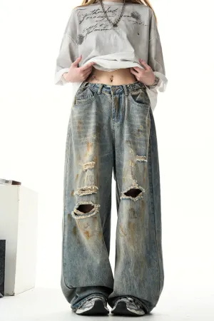 Retro Ripped Wide-Leg Jeans Loose Straight-Leg Pants