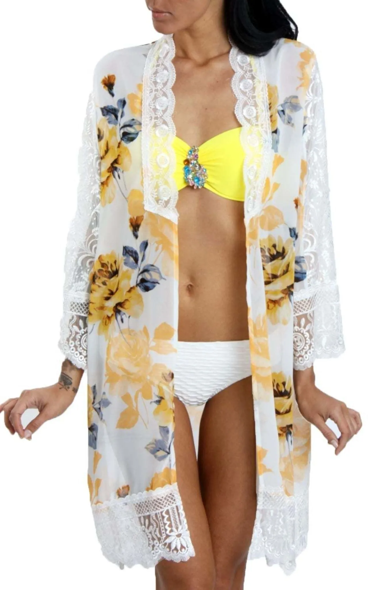 Rose Print Longline Kimono With Lace Trim And Side Split