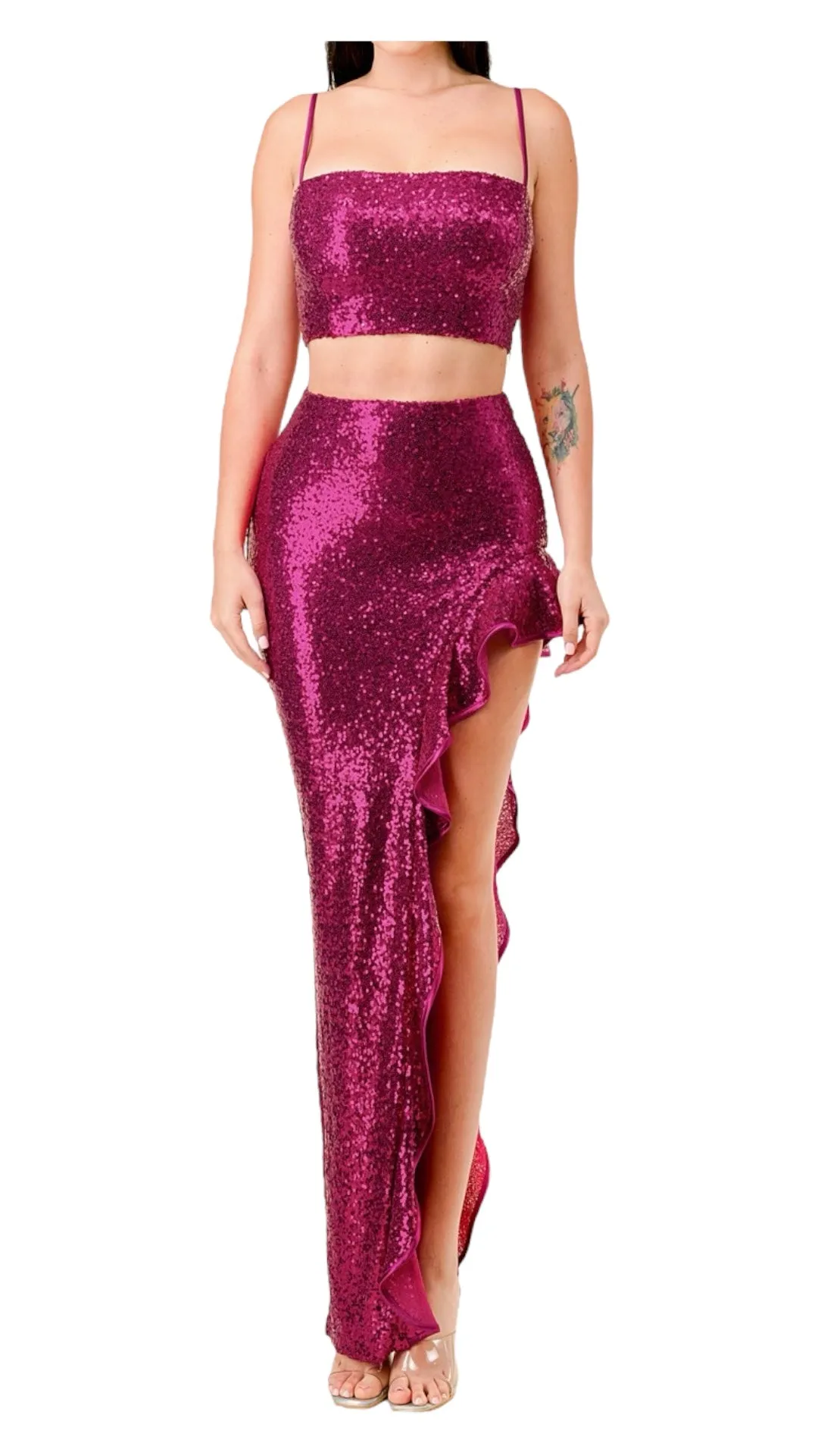 Sexy Sequin Dress Two Piece Top and Skirt Shinny Sequin Evening Elegant Formal Crop Top and High Slit Ruffle Skirt KESLEY