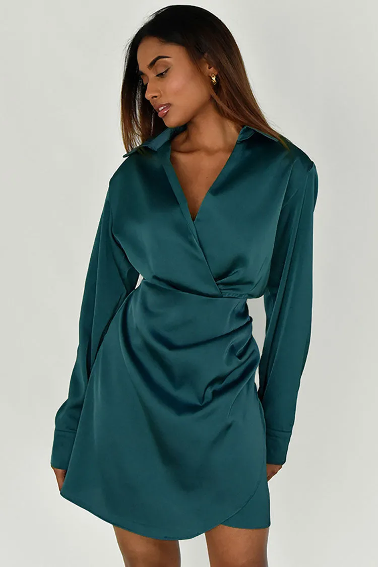 Silky Collared V Neck Ruched Wrap Trim Long Sleeve Mini Dress - Emerald Green