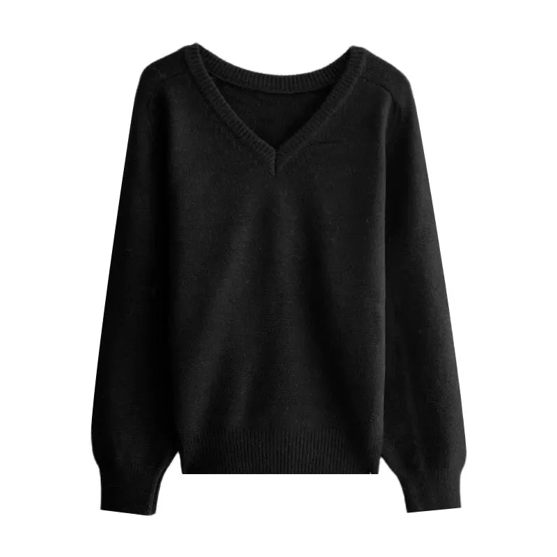 solid color V-neck long-sleeved sweater     S4733