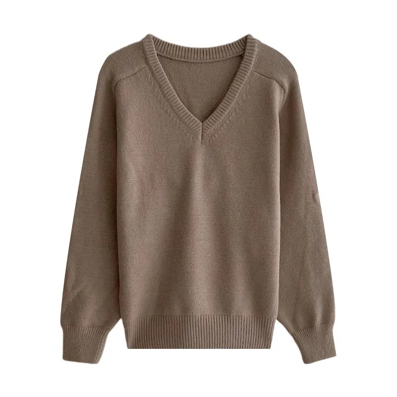 solid color V-neck long-sleeved sweater     S4733