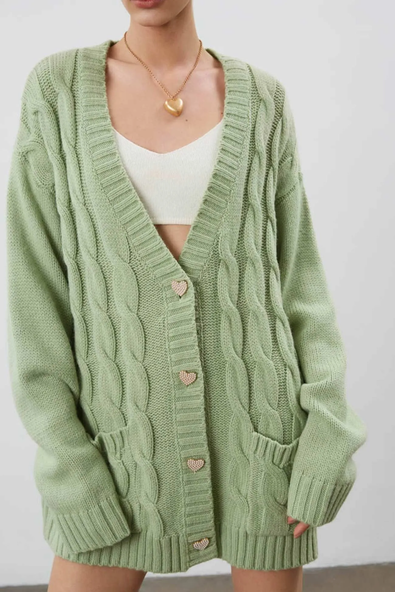 Solid Single-breasted Cable Knit Cardigan