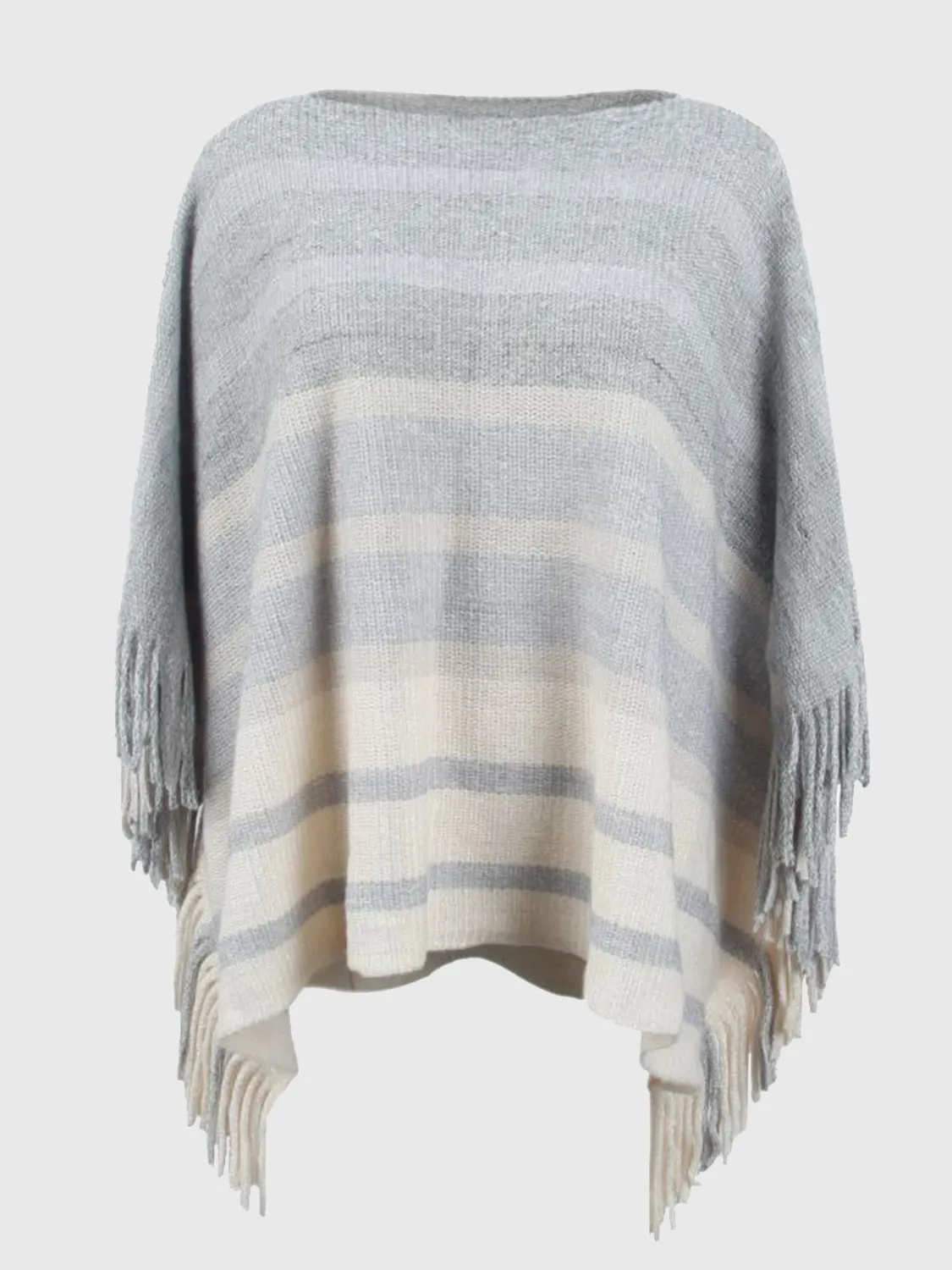 Striped Boat Neck Poncho with Fringes