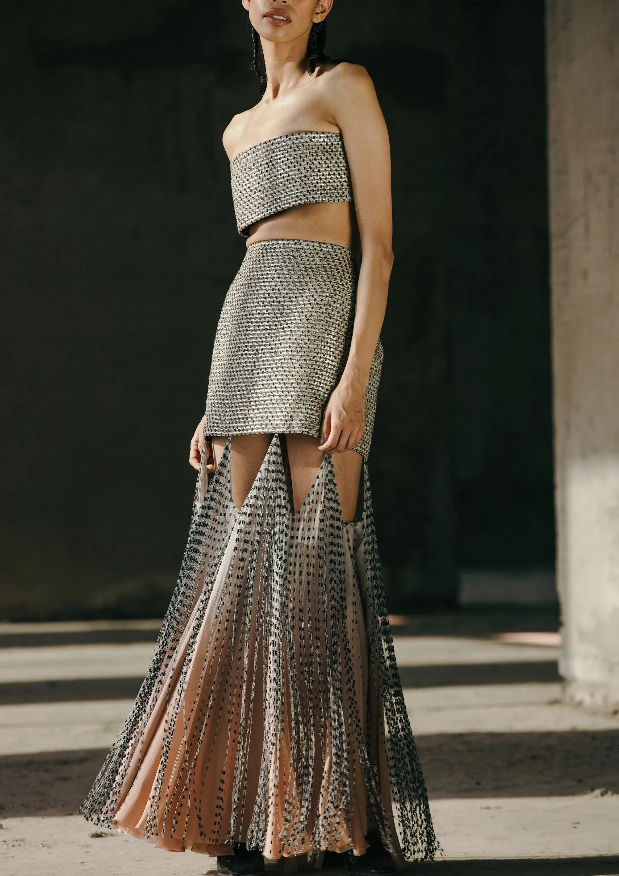 Structured Fringed Cut-Out Maxi Skirt