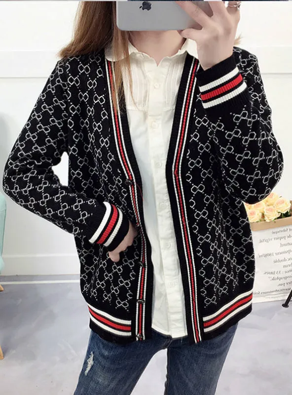 Sweater With Buttons Long Sleeve Striped Knitted Cardigan