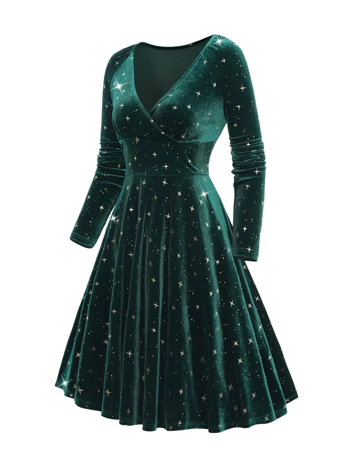 TAVIMART  -  Womens Fall Winter Dresses Embellished Star Print Wrap Front Elastic Shoulder Velvet Long Sleeve Dress New Green Dresses