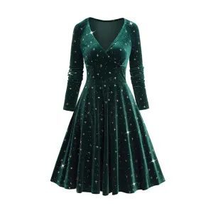 TAVIMART  -  Womens Fall Winter Dresses Embellished Star Print Wrap Front Elastic Shoulder Velvet Long Sleeve Dress New Green Dresses