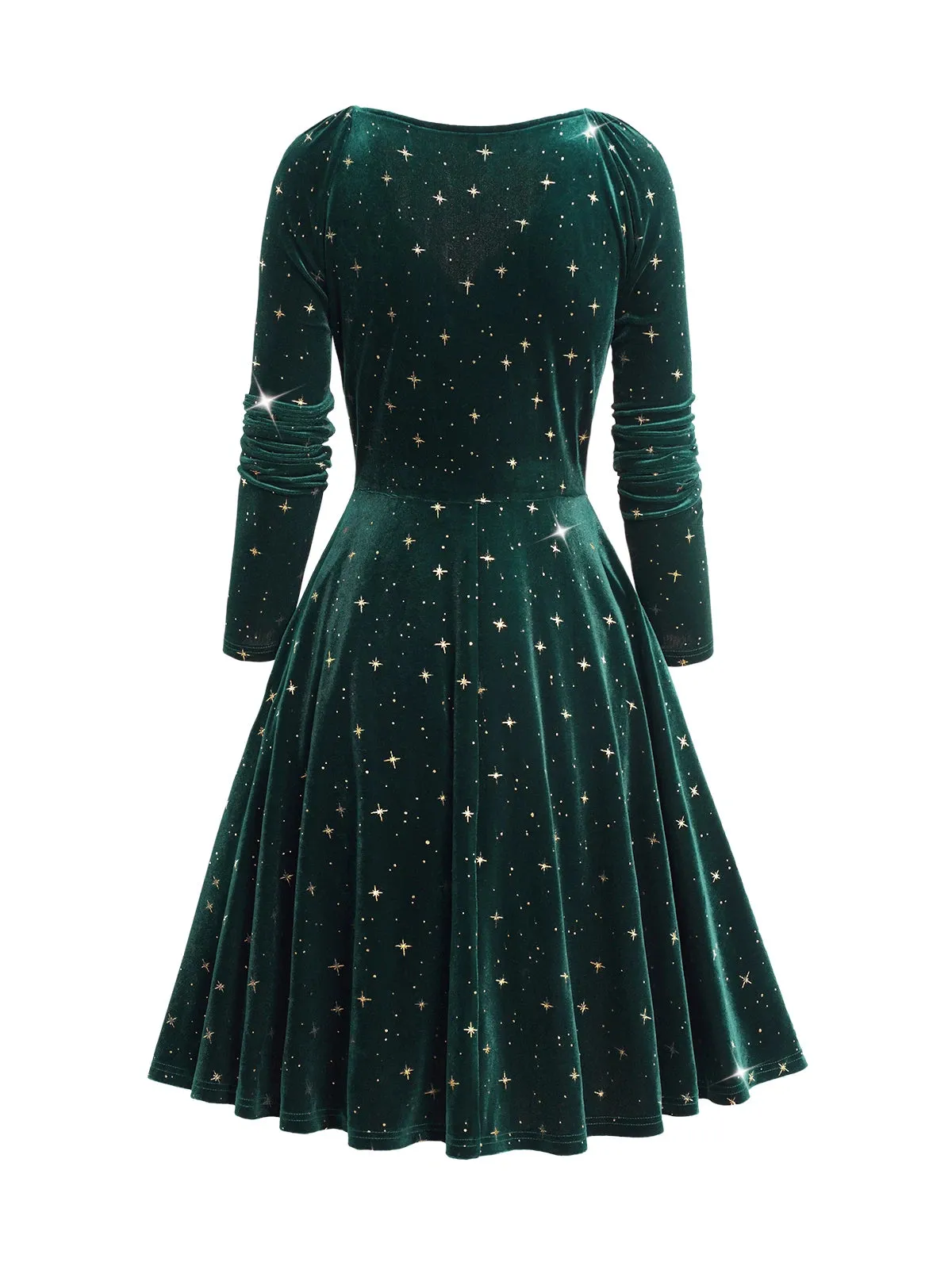 TAVIMART  -  Womens Fall Winter Dresses Embellished Star Print Wrap Front Elastic Shoulder Velvet Long Sleeve Dress New Green Dresses