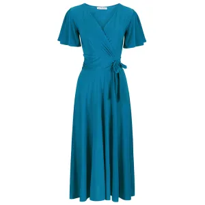 Teal Cap Sleeve Crossover V Neck Wrap Top Swing Dress