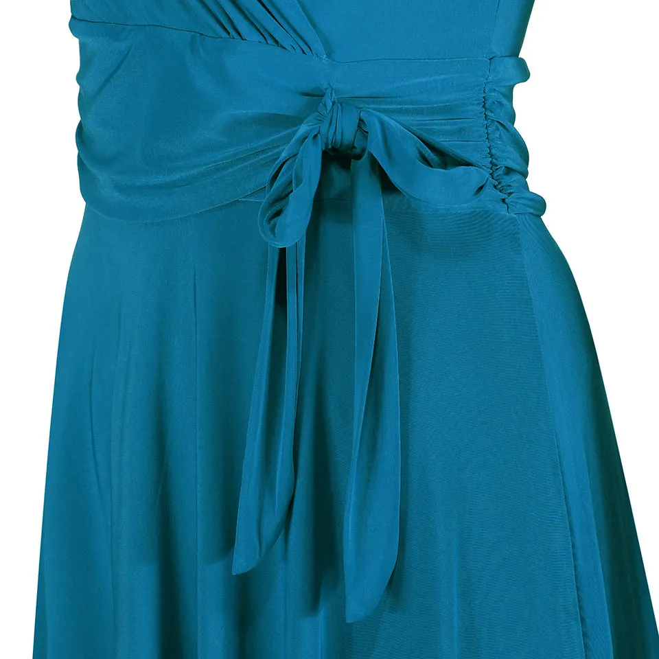 Teal Cap Sleeve Crossover V Neck Wrap Top Swing Dress