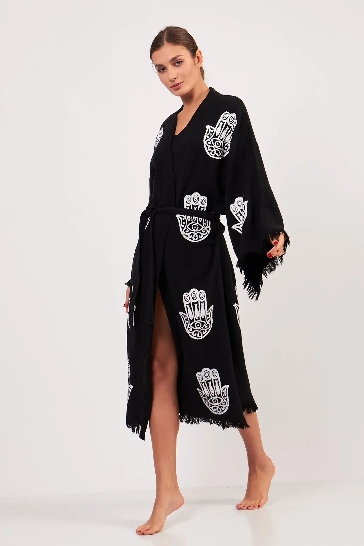 Turkish Towel Kimono Bathrobe Fatima Hand Design Black