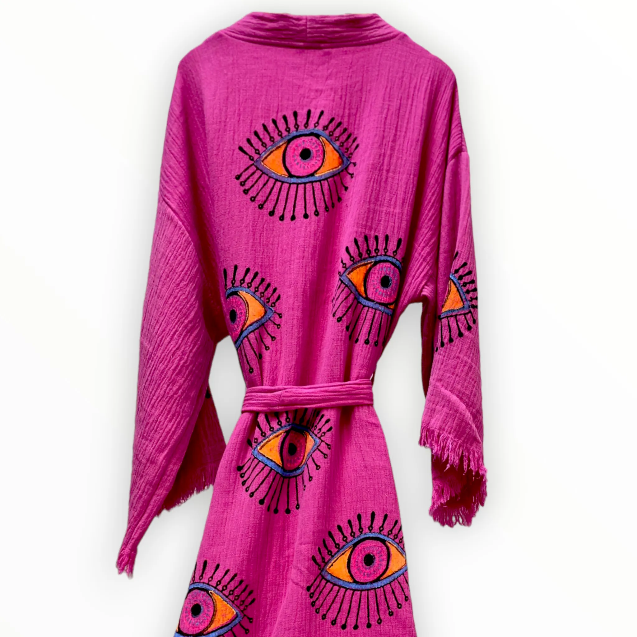 Turkish Towel Kimono Kaftan Bathrobe Evil Eye Fushia