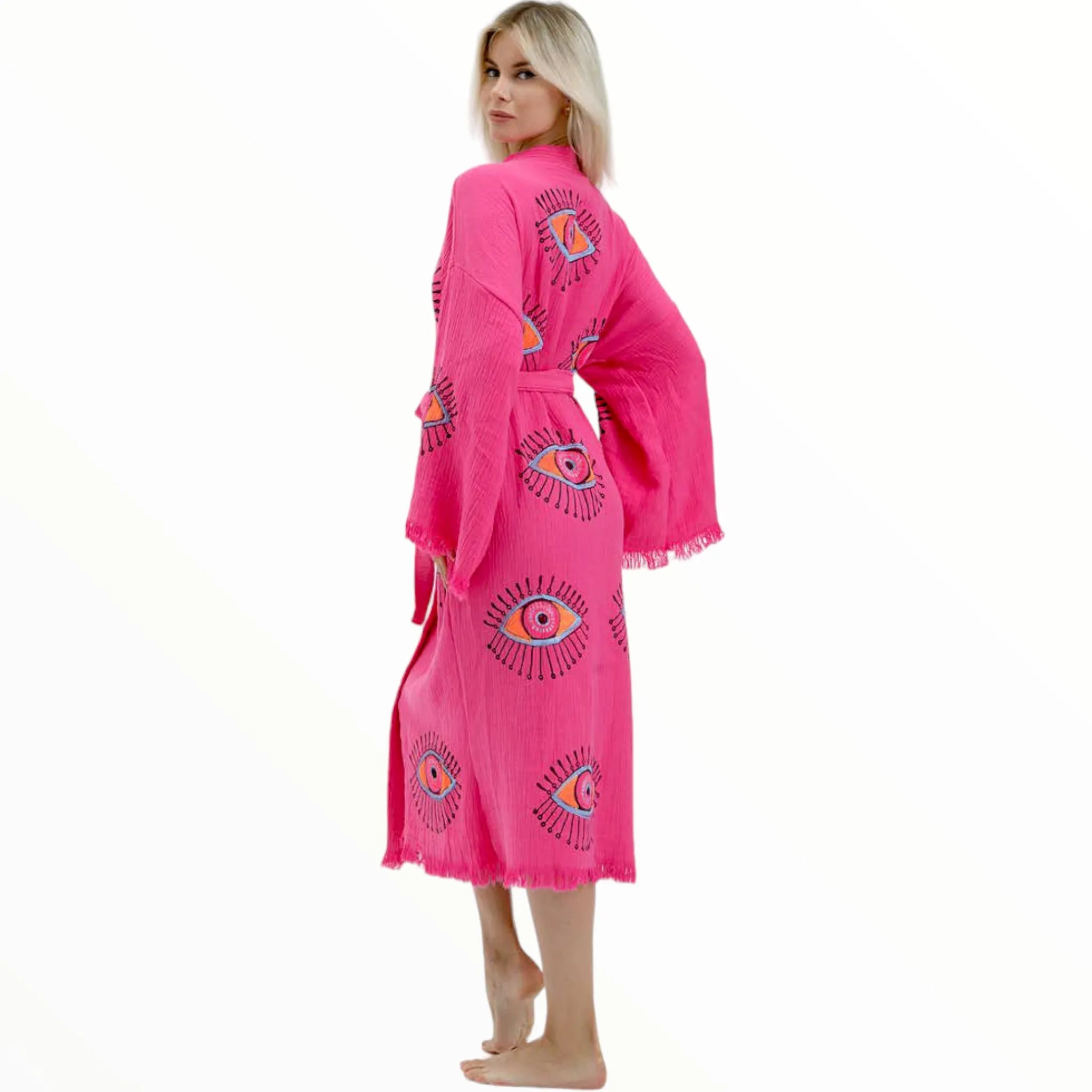 Turkish Towel Kimono Kaftan Bathrobe Evil Eye Fushia