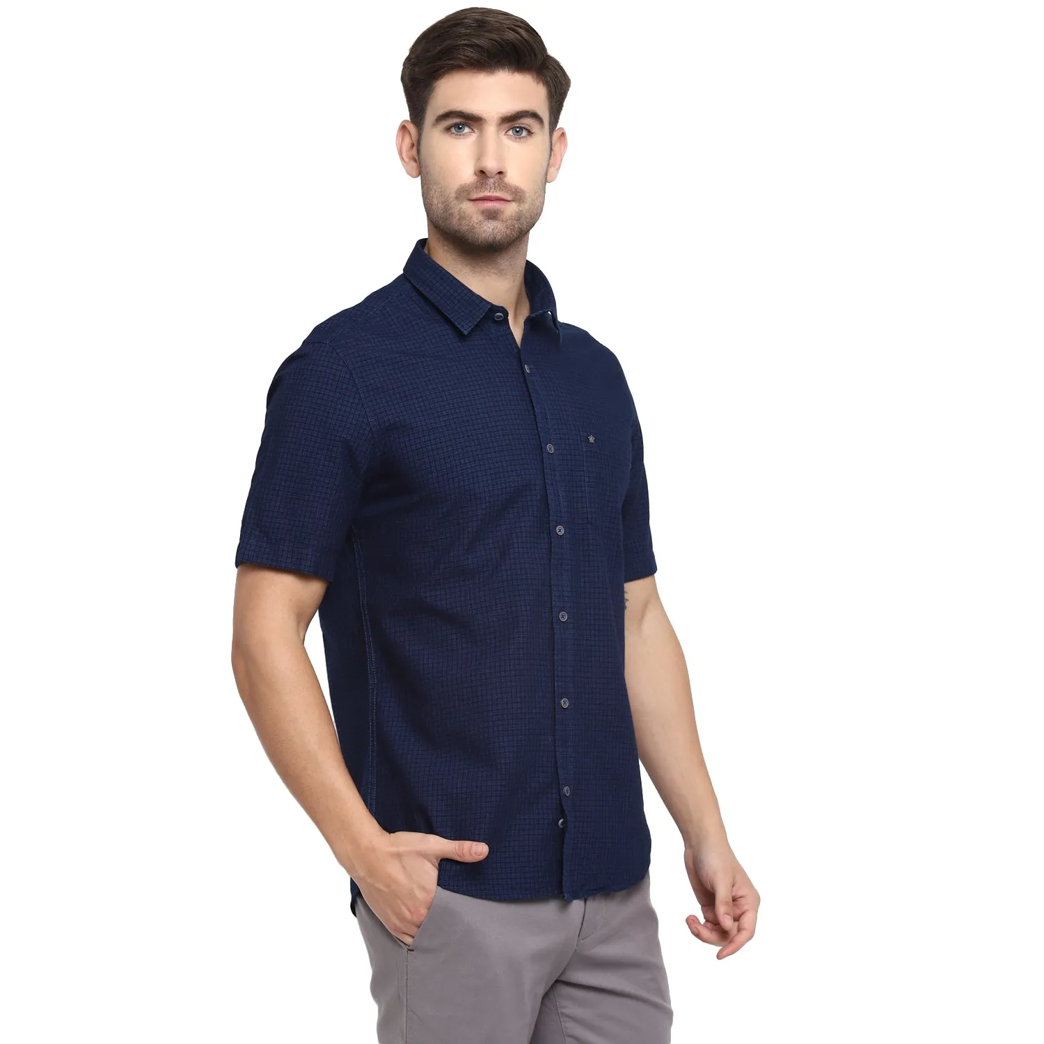 Turtle Men Navy Cotton Checked Slim Fit Shirts