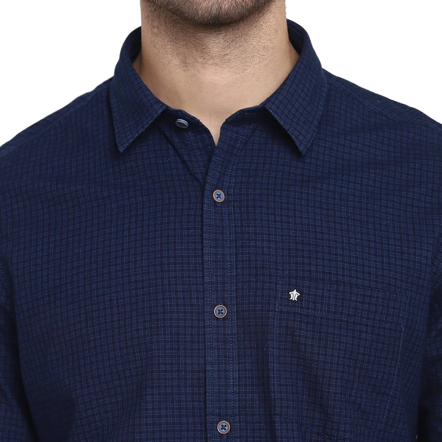 Turtle Men Navy Cotton Checked Slim Fit Shirts