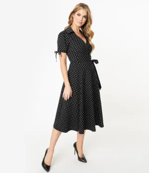 Unique Vintage Retro Black & White Pin Dot Bianca Wrap Dress