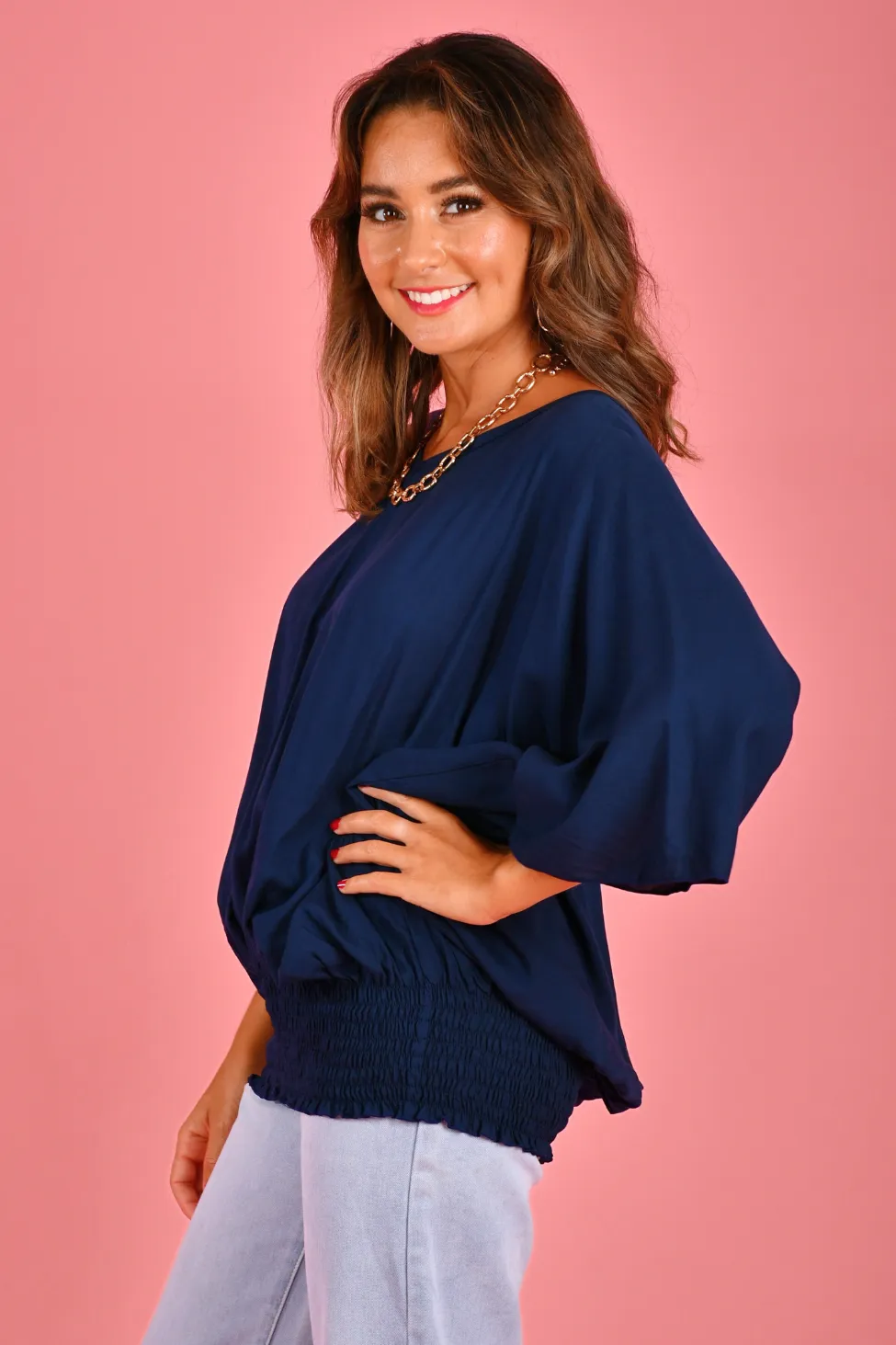 VBLT112 - V NECK BATWING TOP - DEEP SEA BLUE