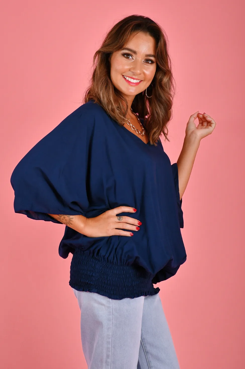 VBLT112 - V NECK BATWING TOP - DEEP SEA BLUE