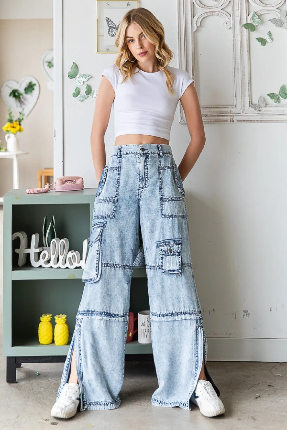 Wide Leg Cargo Denim Pants