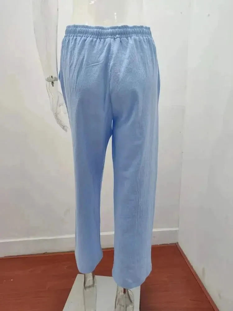 Women Cotton Linen Pants - Summer and Autumn High Waist Wide-Leg Trousers