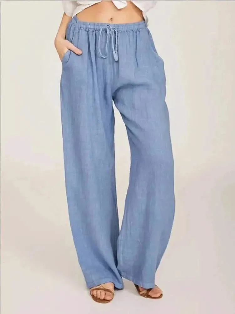 Women Cotton Linen Pants - Summer and Autumn High Waist Wide-Leg Trousers