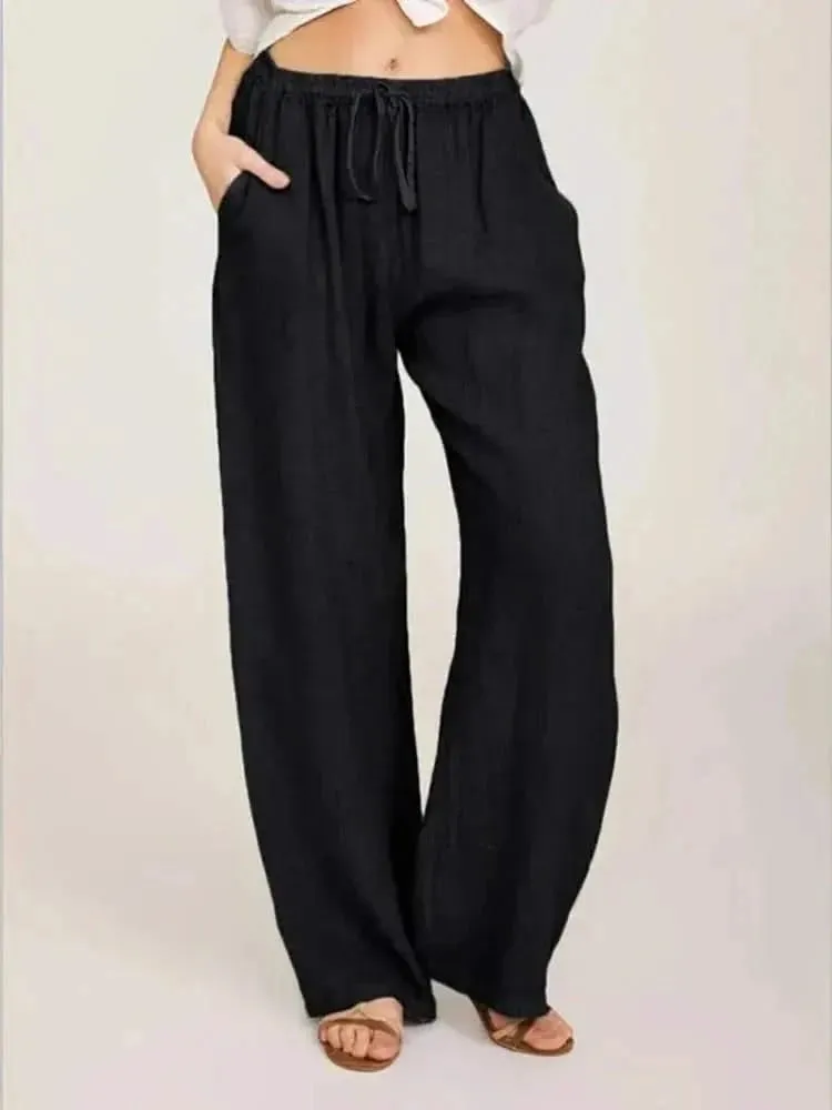 Women Cotton Linen Pants - Summer and Autumn High Waist Wide-Leg Trousers