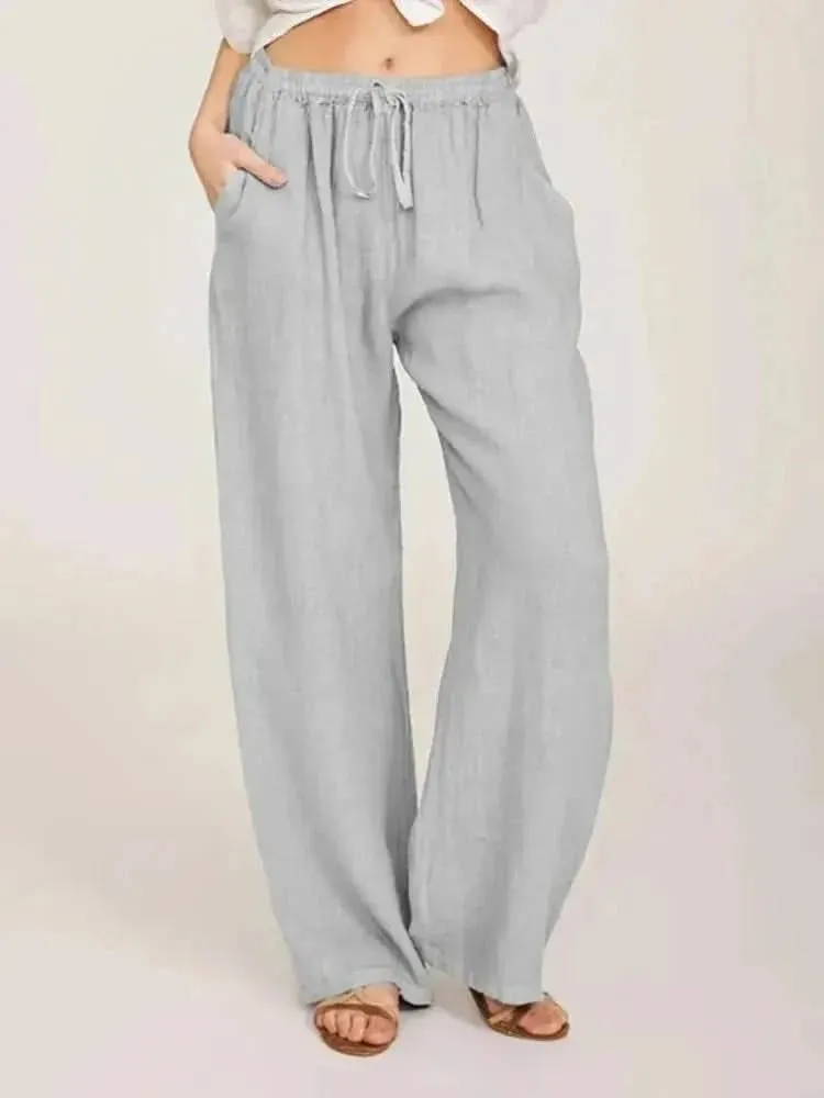 Women Cotton Linen Pants - Summer and Autumn High Waist Wide-Leg Trousers