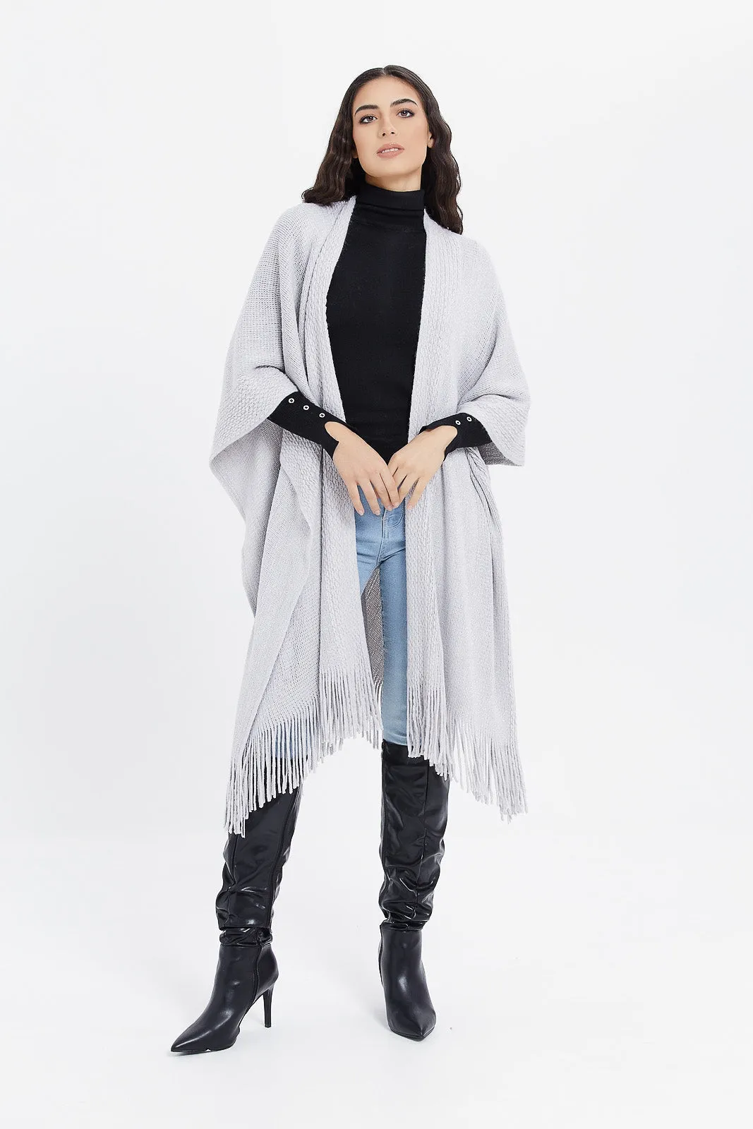 Women Grey Lurex Cable Knit Poncho With Fringes