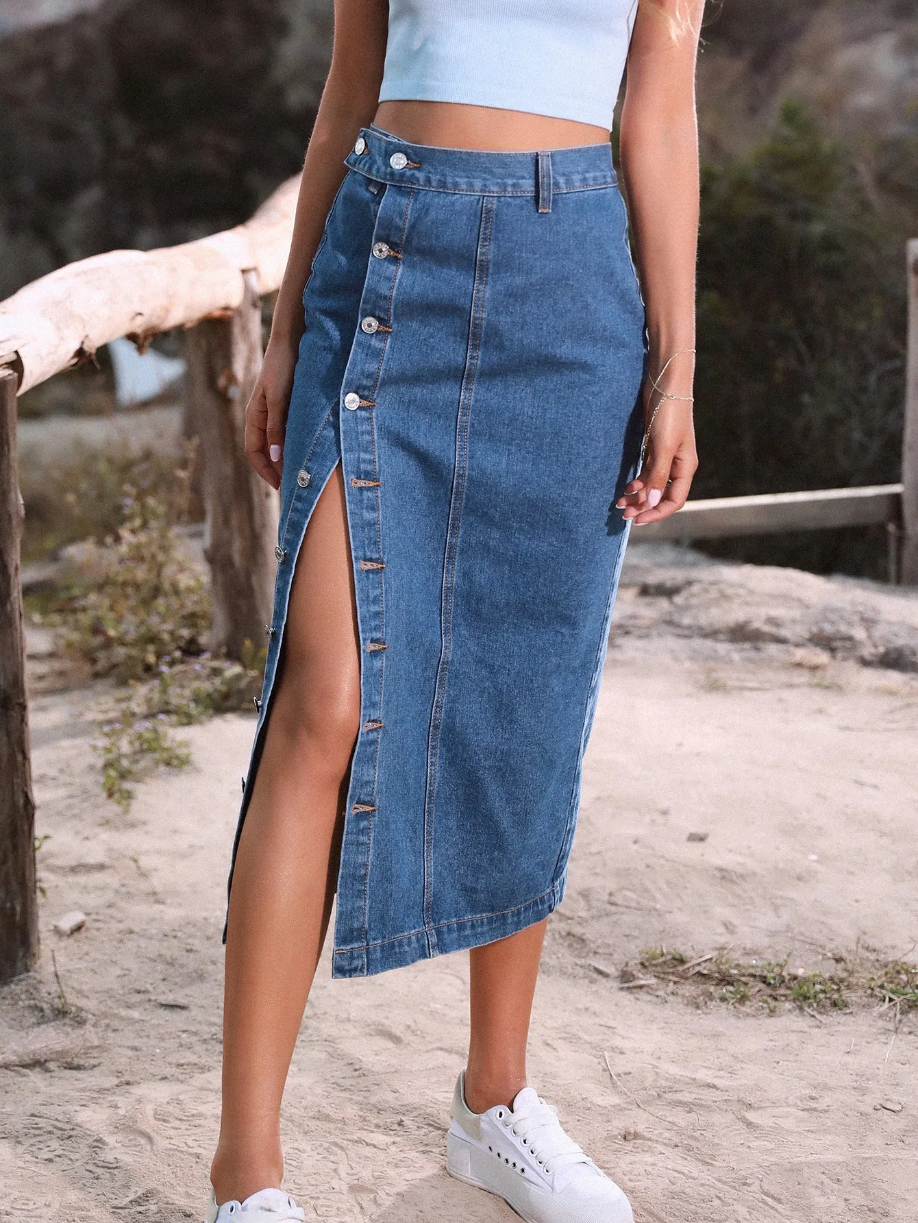 Womens Casual Slit Denim Midi Jean Skirt Stretch High Waist - Yapany Skirt