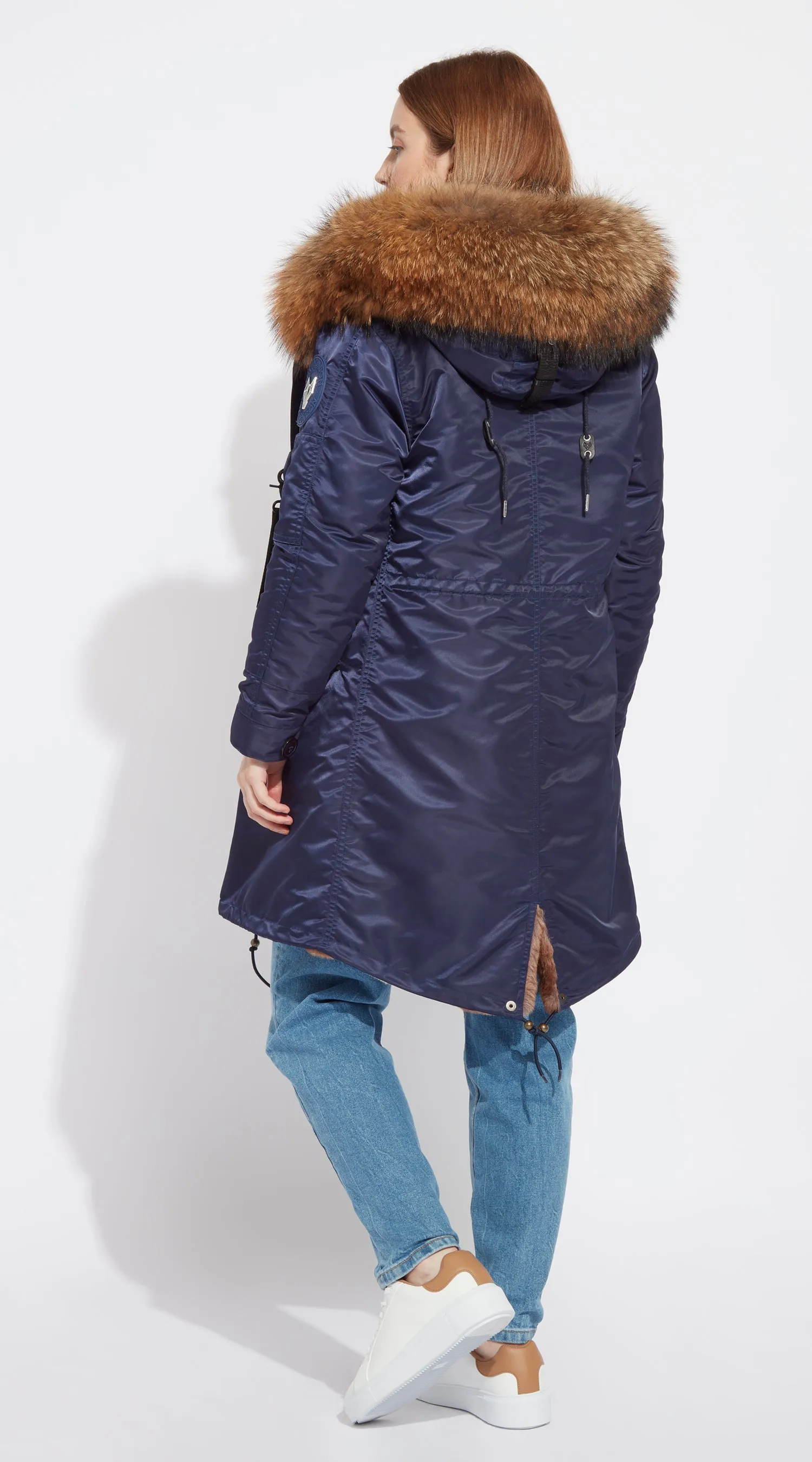 Womens Navy Water-Repellent Luxy Fur Parka - 3/4 Natural