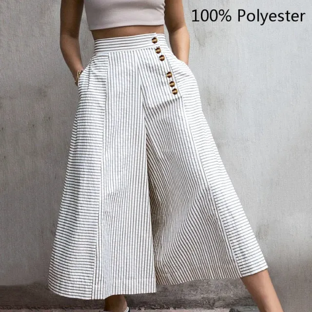 Yeknu Fashion High Waist Striped Pants Women Retro Work Trousers Autumn Casual Buttons Loose Elegant Party Wide Leg Pants