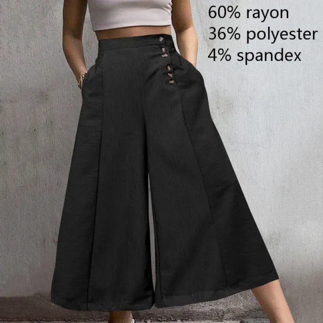 Yeknu Fashion High Waist Striped Pants Women Retro Work Trousers Autumn Casual Buttons Loose Elegant Party Wide Leg Pants